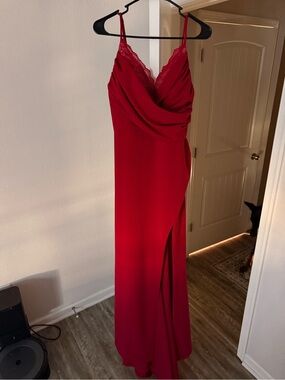 Fashion Nova Red Strapless Draped Evening Gown with Lace Trim
